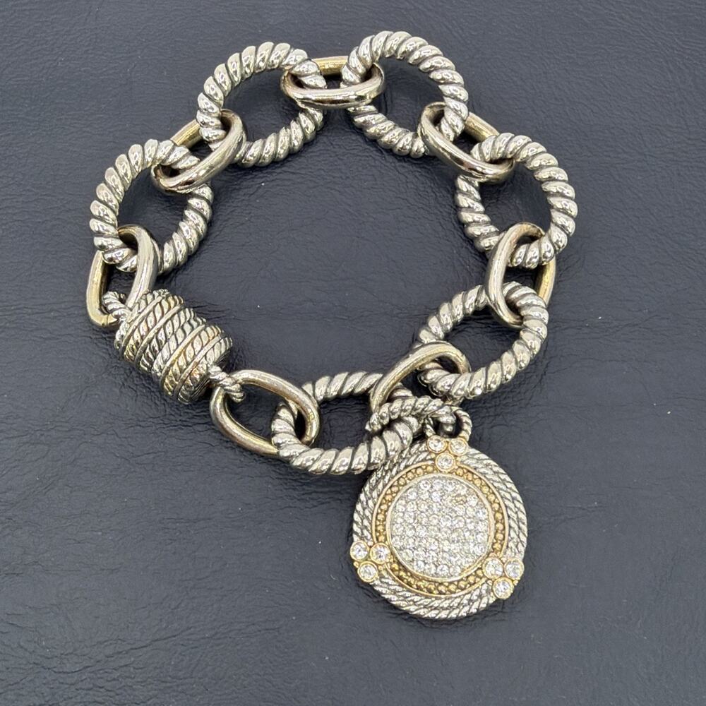 Silver Tone Twist Chain Link Rhinestone Bracelet Disc Charm Twist Maximalist